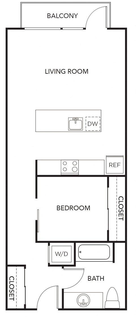 Floor plan for 1 bed, 1 bath, 696 sqft